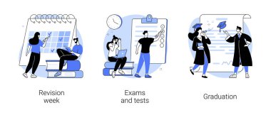 Okul ve üniversite aktiviteleri soyut konsept vektör çizimi seti. İnceleme haftası, sınavlar ve testler, mezuniyet, sınav takvimi, stres ve endişe, akademik diploma, soyut metafor formu.