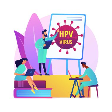 HPV eğitim programları soyut konsept vektör çizimi. HPV farkındalık programları, insan papillomavirus açıklamaları, sağlık eğitimi, çevrimiçi danışma, virüs bilgisi soyut metaforu.