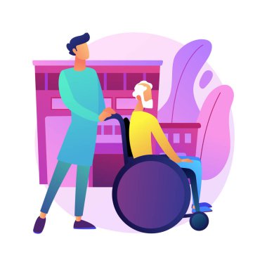 Soyut konsept vektör illüstrasyonuna dikkat edin. Yaşlı bakımı, ev hasreti, bakım hizmetleri, tekerlekli sandalyede mutlu olmak, ev desteği, emekli insanlar, soyut bir benzetme..