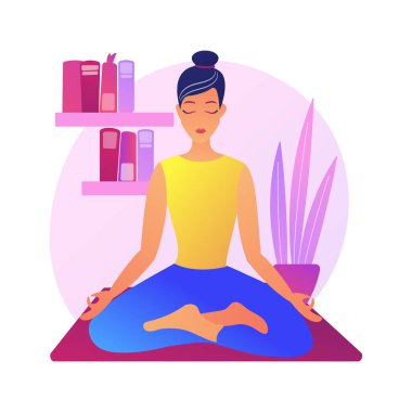 Ev yoga soyut konsept vektör çizimi. Ev karantina eğitimi, güç yogası çevrimiçi sınıfı, rahatlama stresi, farkındalık, canlı yayın, evde kalmak, sosyal mesafe soyut metaforu..