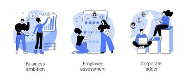 Kişisel büyüme kavramsal vektör çizimi seti. İş hırsı, çalışan değerlendirmesi, şirket merdiveni, hedef başarısı, başlangıç projesi desteği, iş performansı gözden geçirme metaforu.