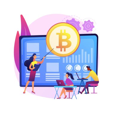 Kripto para ticareti kursları soyut konsept vektör çizimi. Kripto Ticaret Akademisi, akıllı sözleşmeler, dijital jetonlar ve engelleme teknolojisi, kurulum ve strateji, ICO soyut metaforu.