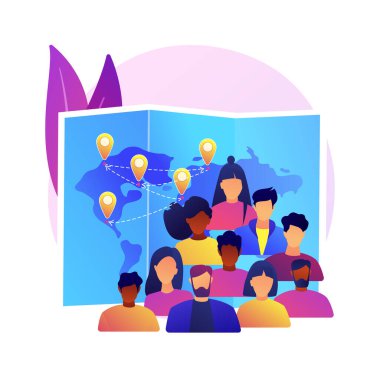 Uluslararası göç soyut konsept vektör çizimi. Uluslararası göçmenler, sınır denetimi, insan dolaşımı, ülkeden ayrılmak, başvuru formu, çanta soyut metaforla seyahat.