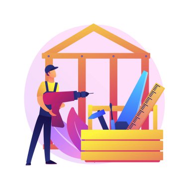 Marangoz hizmetleri soyut konsept vektör çizimi. Bina bakımı ve ev onarımı, mobilya tamiri, ahşap bölme, özel dolaplar, pencere çerçevesi, ahşap soyut metafor.