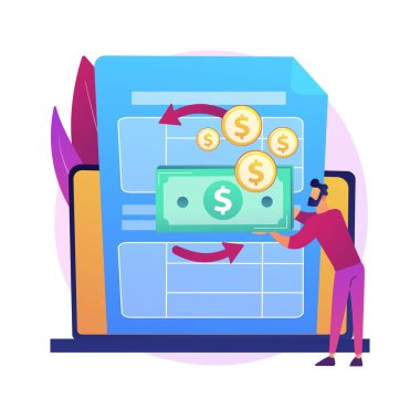 Başarılı bir finansal operasyon. İş muhasebesi, fatura raporu. Vergi makbuzu olan mutlu insanlar. Vergi ödemesi, para tasarrufu, nakit gelir. Vektör izole kavram metaforu