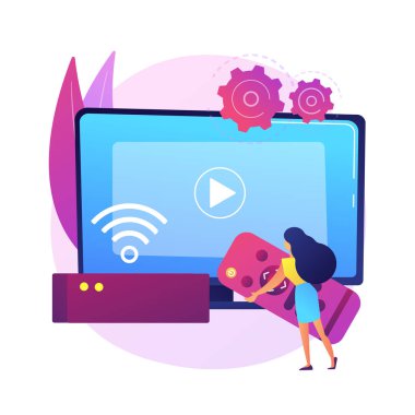 Akıllı TV kutusu soyut konsept vektör çizimi. Konsol kutusu, yayın aygıtı, akıllı TV yazılımı, donanım, çevrimiçi video servisi, dahili uygulama, işletim sistemi soyut metaforu.