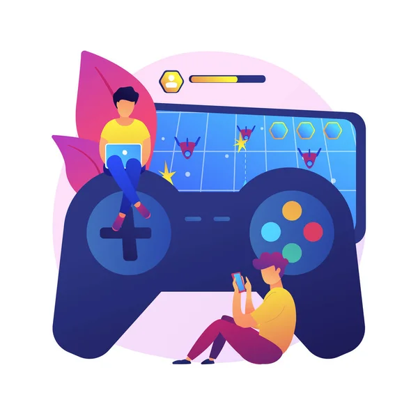 Gamer plays role-playing game online and hero avatar in fantasy world.  MMORPG, massive multiplayer game, role-playing online games concept. Bright  vibrant violet vector isolated illustration Stock Vector