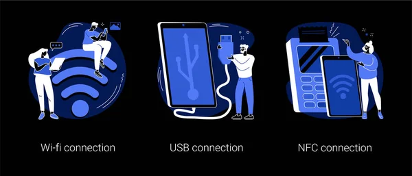 设备连接抽象概念矢量插图 Usb Nfc Connection Network Access Cable Data Transfer Hard — 图库矢量图片