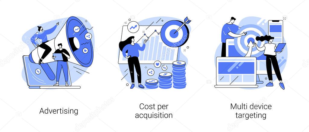 Online digital campaign abstract concept vector illustration set. Advertising, cost per acquisition, multi device targeting, target audience, media planning, PPC strategy, promotion abstract metaphor.