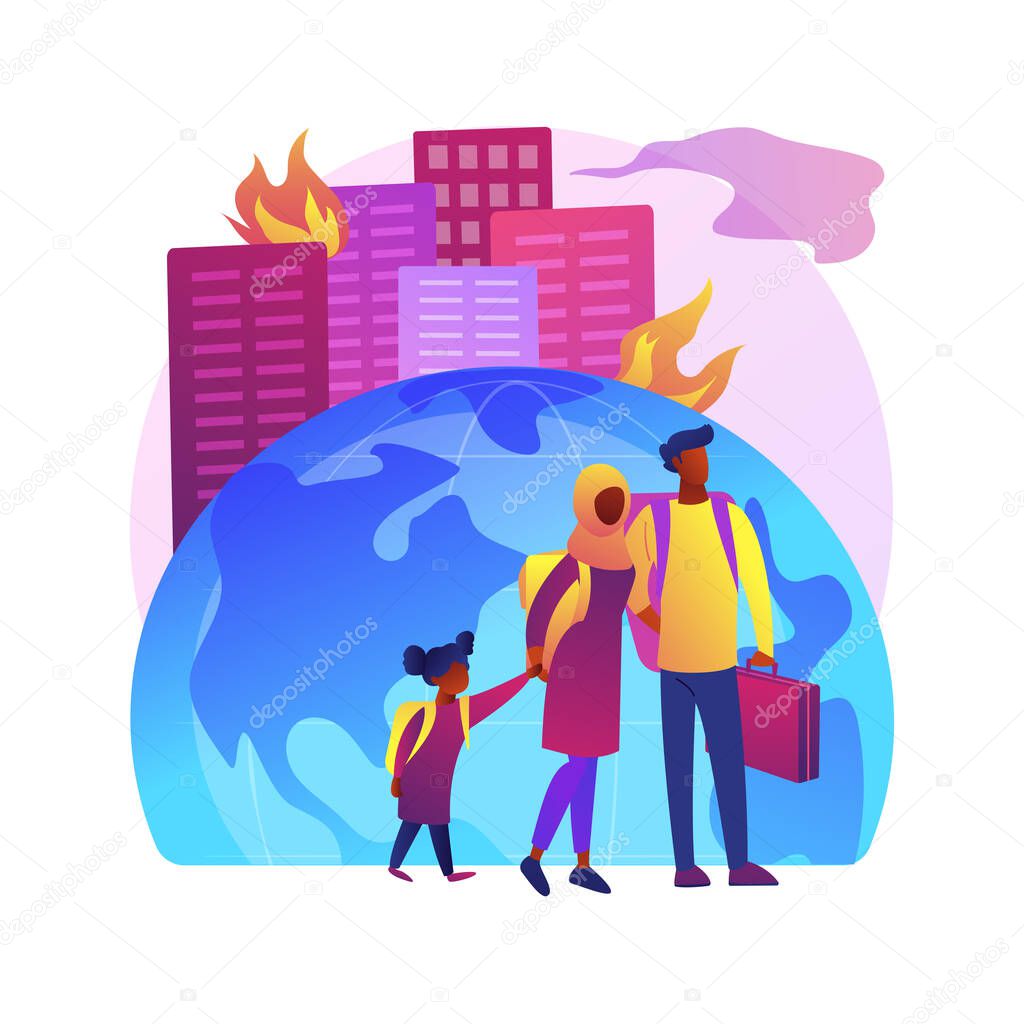 Forced migration abstract concept vector illustration. Movement of people, forced displacement, refugee group, run from war, travelling with bags, return home, displaced persons abstract metaphor.