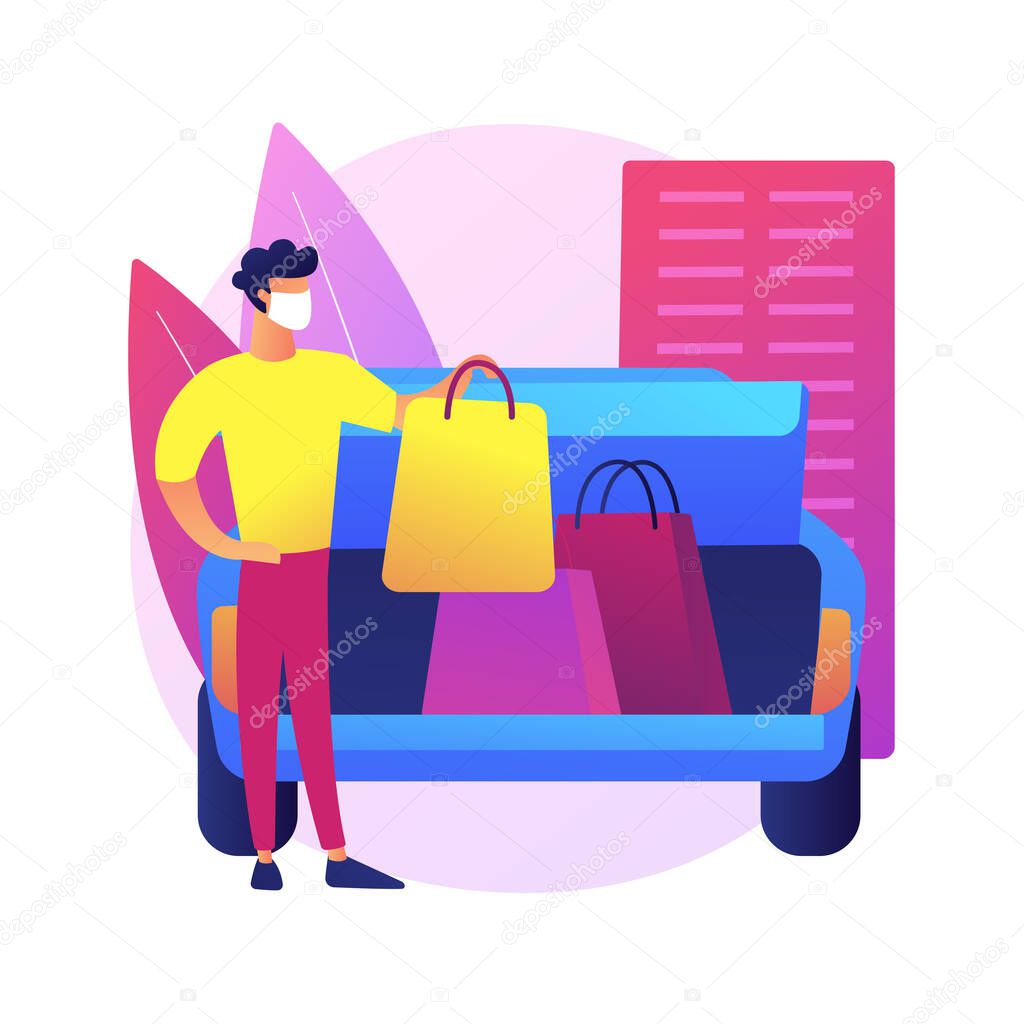 Get supplies without leaving your car abstract concept vector illustration. Curbside pickup, order number, call the store, contactless grocery pick-up, place order in trunk abstract metaphor.
