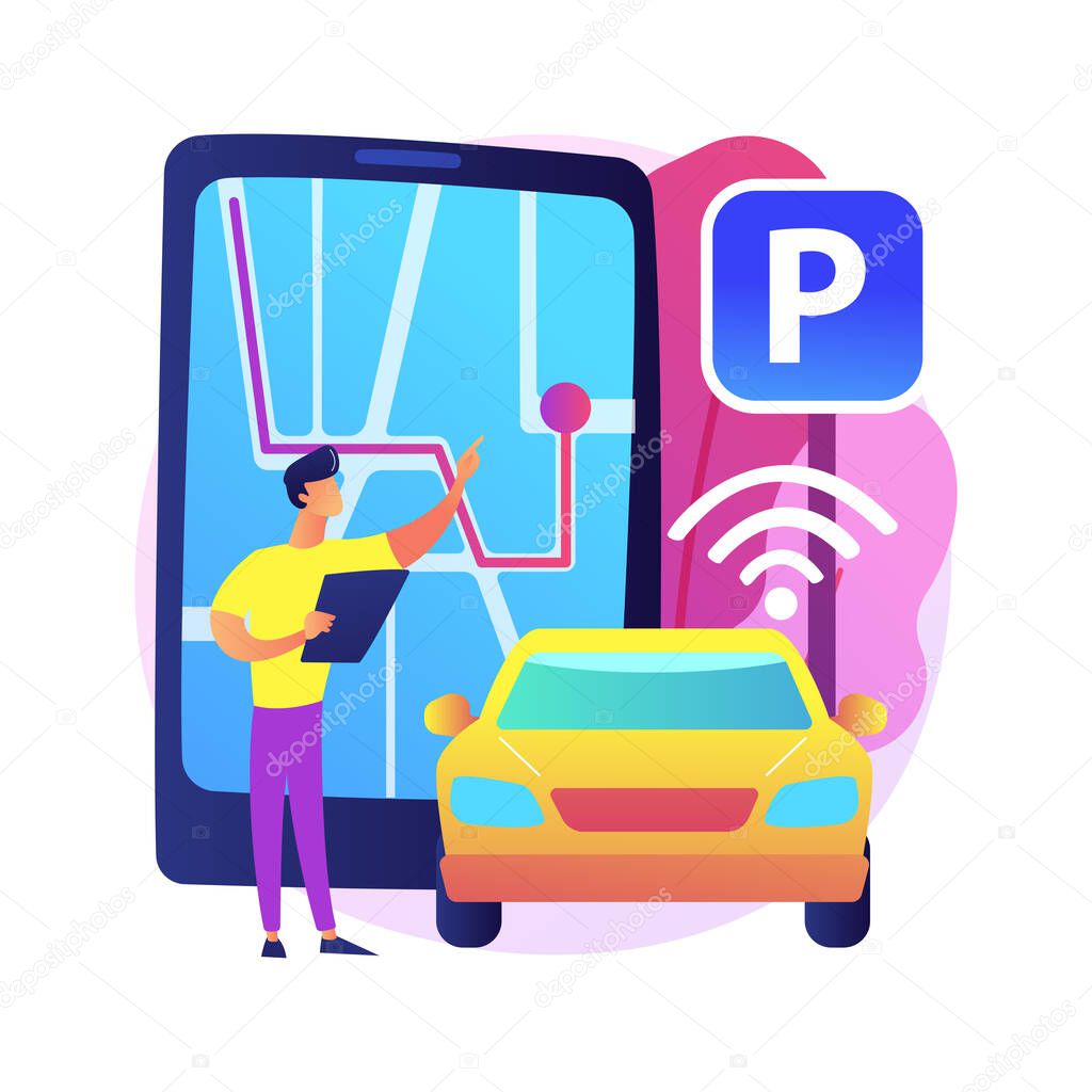 Self-parking car system abstract concept vector illustration. Automated parking car system, self-parking vehicle, smart driverless technology, autonomous driving valet abstract metaphor.