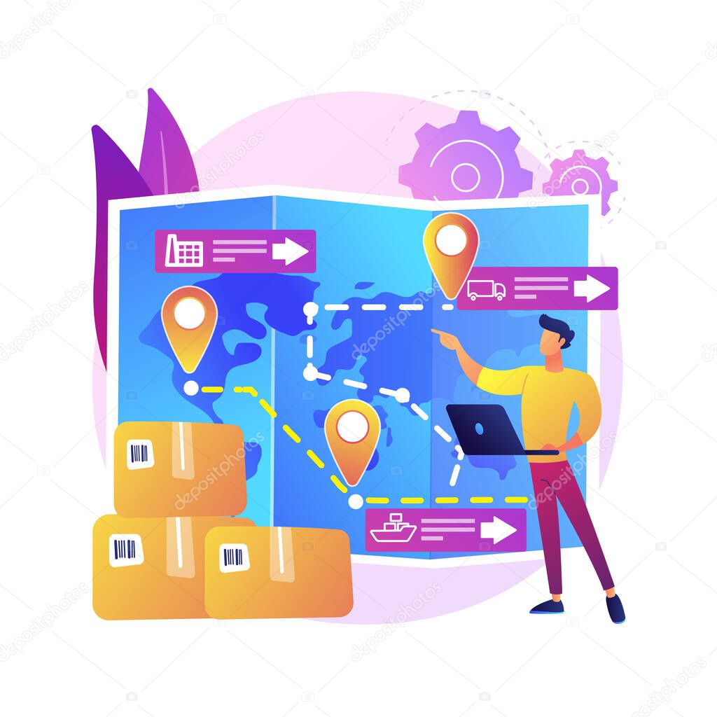 Supply chain management abstract concept vector illustration. Logistics operations control, storage of goods and services, product delivery, retail distribution, transportation abstract metaphor.