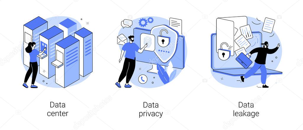 Internet privacy abstract concept vector illustration set. Data center, data privacy and leakage, computer system, remote storage, database networking, security software, hacker abstract metaphor.