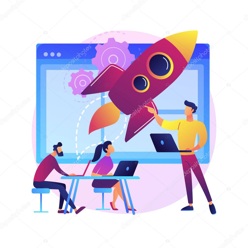 StartUp abstract concept vector illustration. Startup launch, entrepreneurship, new business idea, self-employment, business venture, mentoring, market validation and investments abstract metaphor.