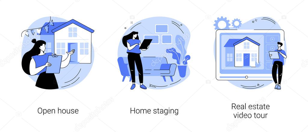 Home for sale abstract concept vector illustration set. Open house, home staging, real estate video tour, floor plan, walk through, private residence, potential buyer, furniture abstract metaphor.