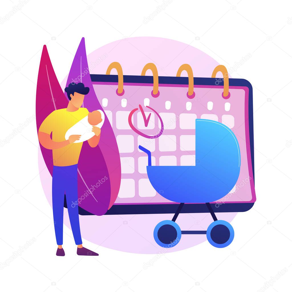 Paternity leave abstract concept vector illustration. Happy father, take care, newborn child, walking with baby carriage, working dad, home office, watching son, changing diaper abstract metaphor.
