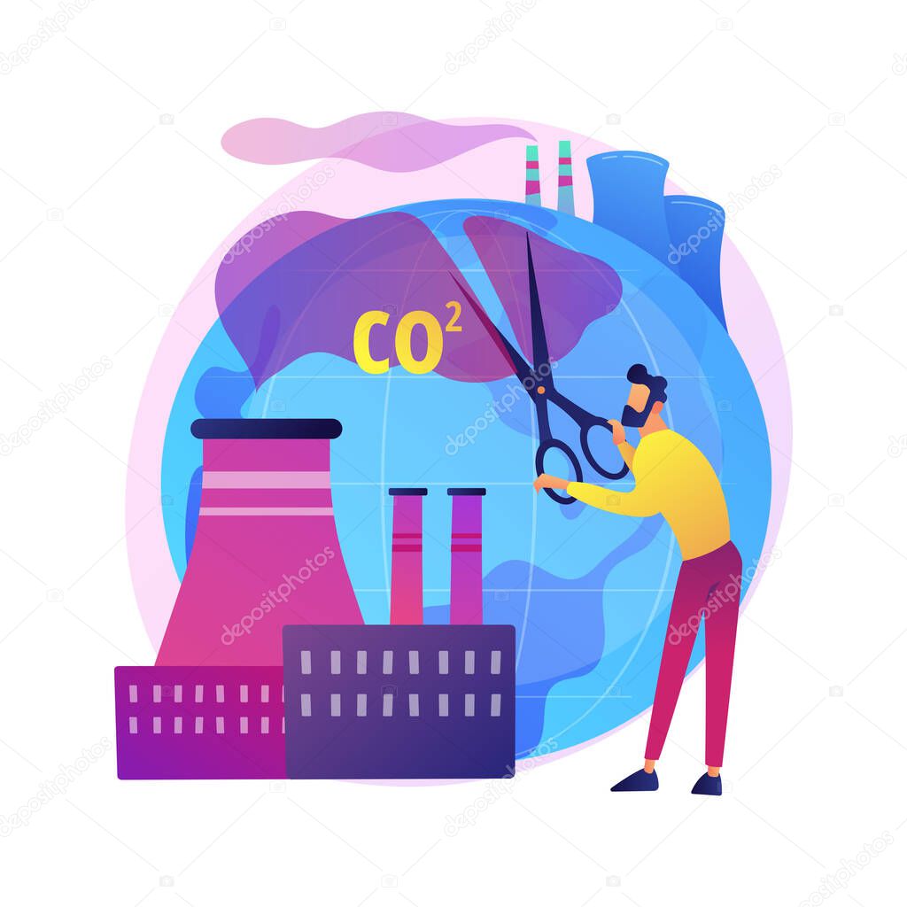 Stop air pollution. Carbon dioxide reduction, environmental damage, atmosphere protection. Toxic emission problem. Ecology volunteer cartoon character. Vector isolated concept metaphor illustration