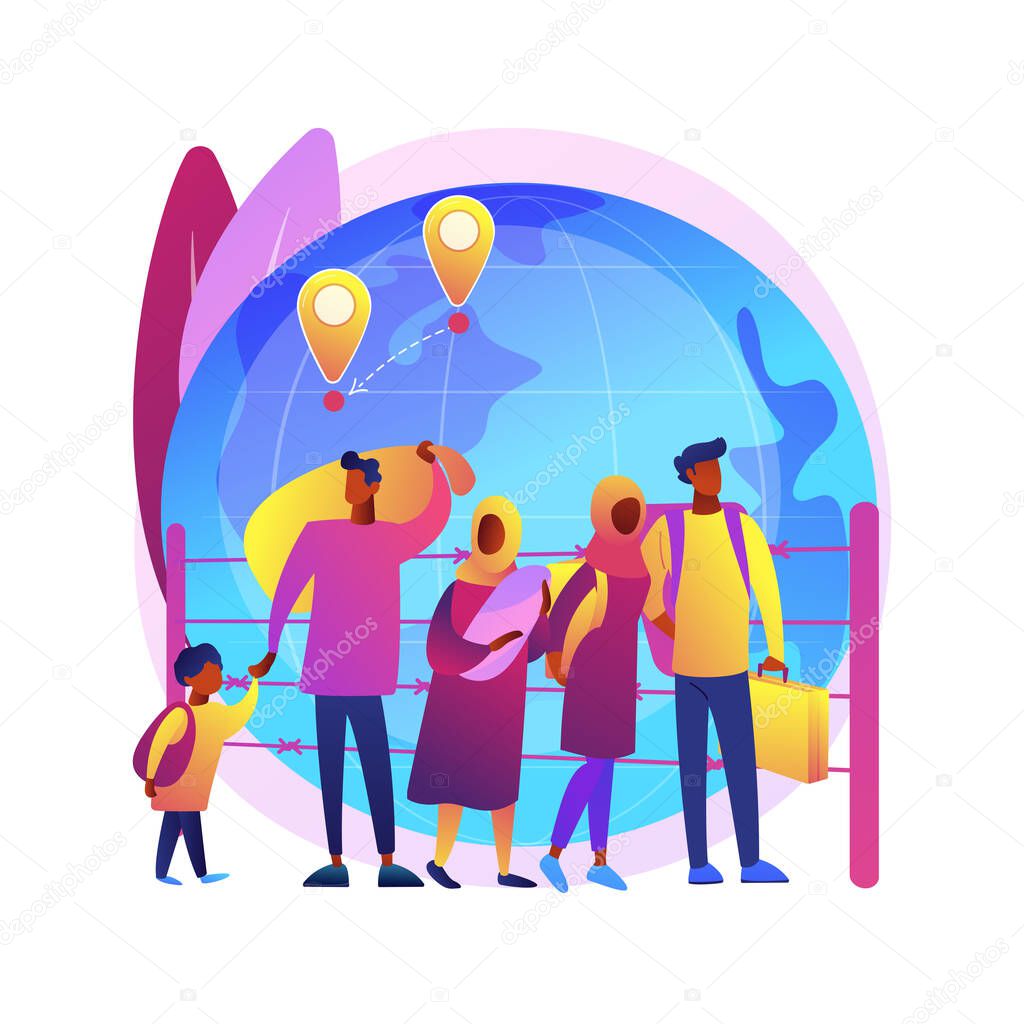 Community migration abstract concept vector illustration. Migrant communities, travelling by car plane train, diaspora, moving to abroad, refugee group, crowd of people abstract metaphor.