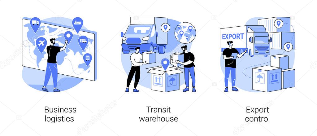 Smart logistics technologies abstract concept vector illustration set. Business logistics, transit warehouse, export control, business transportation, goods transfer, shipping abstract metaphor.