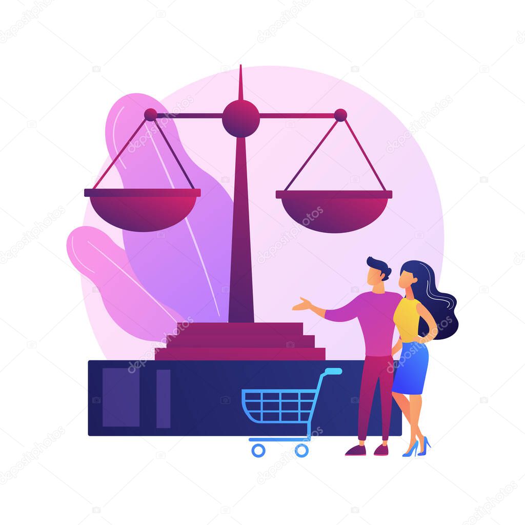Consumer law abstract concept vector illustration. Consumer litigation, legal protection service, law firm, judicial agreement, replacement of faulty product, buyer rights abstract metaphor.