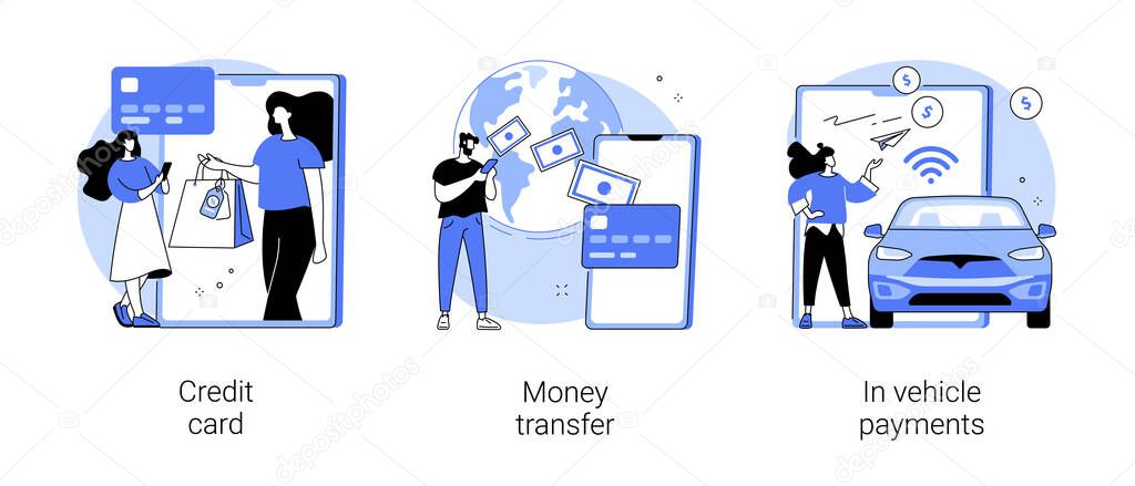 Digital payment abstract concept vector illustration set. Credit card, money transfer, in vehicle payments, online cashback service, bank transaction, drive-through purchase abstract metaphor.