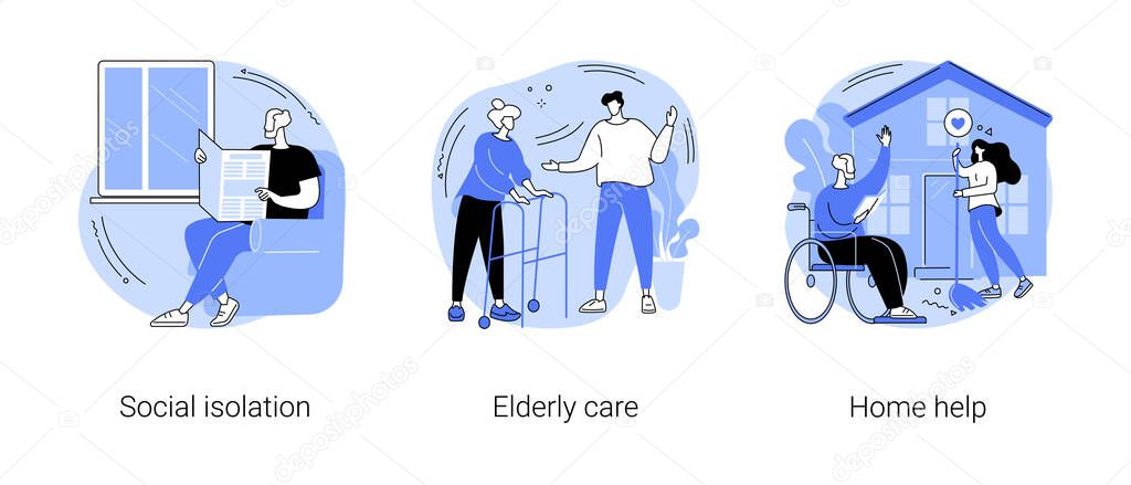 Older people living abstract concept vector illustration set. Social isolation, elderly care, home help, disabled people, medical nursing home, healthcare service, care allowance abstract metaphor.