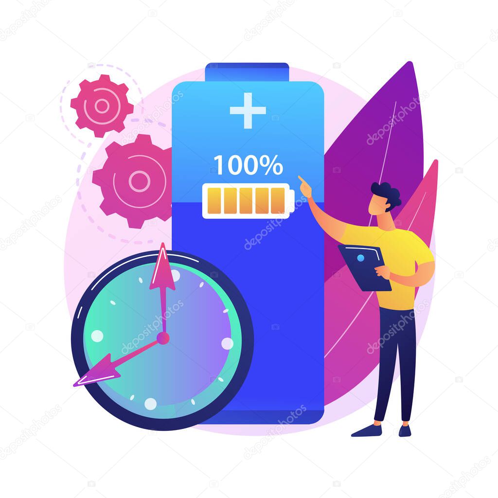 Battery runtime abstract concept vector illustration. Battery innovative solution, extend runtime, charging technology, long life, durability calculation, high energy capacity abstract metaphor.