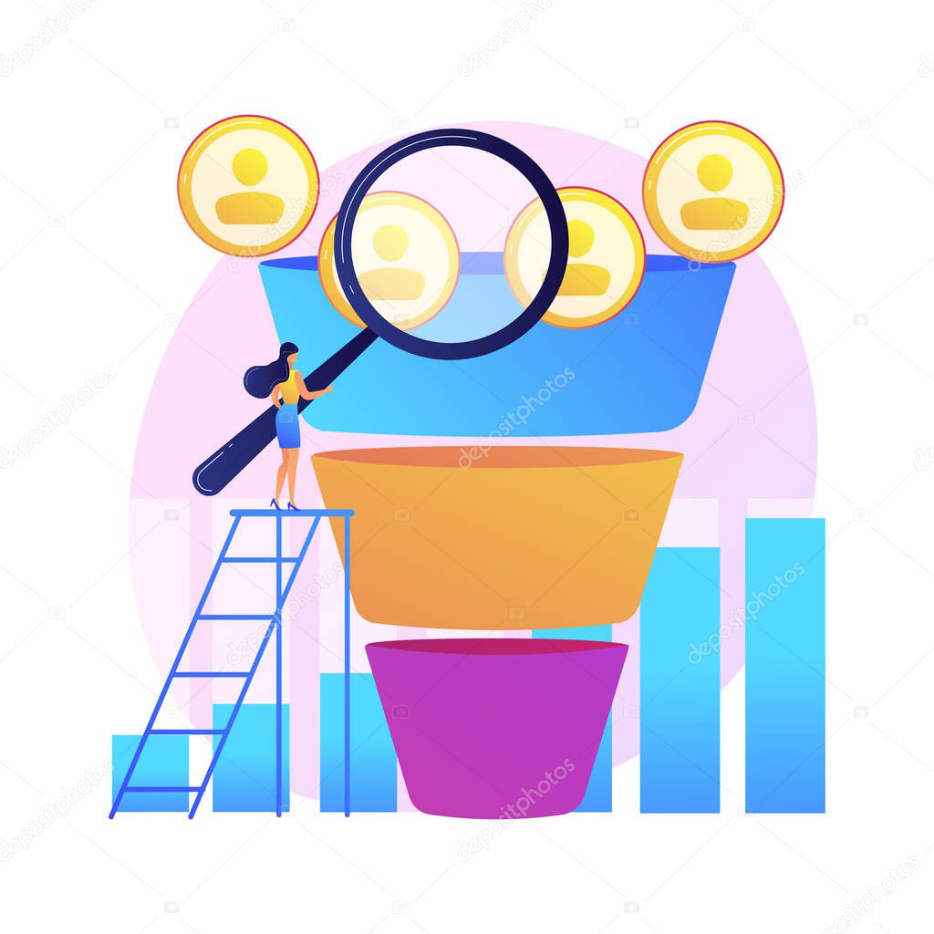 Marketing funnel abstract concept vector illustration. Internet marketing technique, sales funnel formula, product cycle, advertising system control, awareness conversion abstract metaphor.