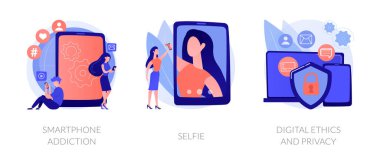 Dijital davranış soyut konsept vektör çizimi seti. Akıllı telefon bağımlılığı, selfie, dijital etik ve mahremiyet, güvenli çevrimiçi veri koruması, sosyal ağ etkinliği, endişe soyut metaforu.