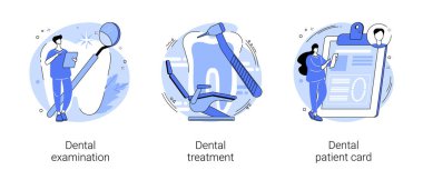 Diş bakımı hizmetleri soyut konsept vektör çizimi seti. Diş muayenesi ve tedavi, hasta kartı, sözlü test, diş hekimi koltuğu, diş ağrısı acil durum yardımı, ortodontik soyut metafor.