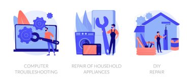 Repair and maintenance services abstract concept vector illustration set. Computer troubleshooting, DIY repair of household appliances, warranty, video tutorial, problem fix abstract metaphor. clipart