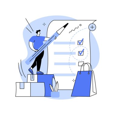 Emirlerim soyut konsept vektör çizimi içeriyor. Alışveriş listesi kimliği, müşteri adı, eşyalar, ecommerce web sitesi menüsü, çevrimiçi mağaza, kaldırım kenarı pikap, alışveriş arabası soyut metafor.