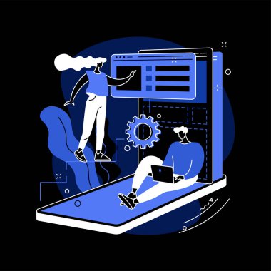 Web uygulama tasarımı soyut konsept vektör çizimi. Masaüstü yazılım geliştirme, programcı takımı, web tasarım servisi, proje yönetimi, kullanıcı arayüzü, sayfa menü çubuğu koyu kip metaforu.