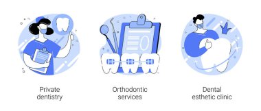 Diş sağlığı hizmetleri soyut konsept vektör çizimi seti. Özel diş hekimliği, ortodonti hizmetleri, diş estetik kliniği, ağız hijyeni, gülümseme tedavisi, acil dişçi soyut metaforu..