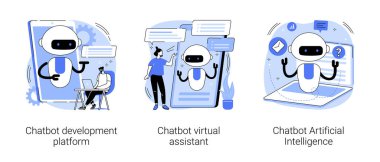 Chatbot programlama soyut konsept vektör çizimi seti. Chatbot geliştirme platformu, sanal asistan ve Yapay Zeka, kablo çerçevesi, makine öğrenme servisi soyut metafor.