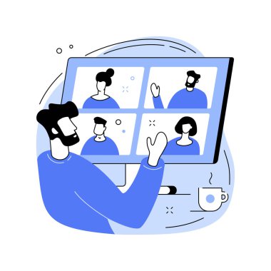 Mesafe soyut konsept vektör illüstrasyonunda çalışıyor. Mesafe ofisi, evden çalışma, uzak iş imkanı, iletişim teknolojisi, online takım toplantısı, dijital göçebe soyut metaforu.