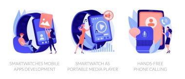 Giyilebilir aygıtlar soyut konsept vektör çizimi seti. Smartwatches mobil uygulamalar geliştirme, taşınabilir medya oynatıcı olarak akıllı twatch, elsiz telefon görüşmesi, sesli komut aramaları soyut metafor.