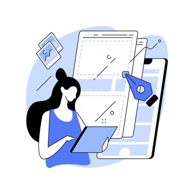 UI ve UX tasarımı soyut konsept vektör çizimi. Mobil uygulama UI tasarımı, web sitesi UX, kullanıcı arayüzü, etkileşim deneyimi, web geliştirme, menü çubuğu, stüdyo portföy sayfası soyut metafor.