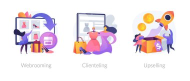 Alışveriş davranışı soyut konsept vektör çizimi seti. Webrooming, cliying and upsale, digital goods research, client loyalty, müşteri motivasyonu, product online soyut metafor.