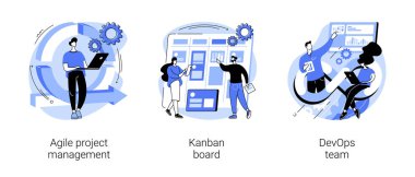 Yazılım geliştirme şirketi soyut konsept vektör çizimi seti. Çevik proje yönetimi, kanban yönetim kurulu, devir işlemleri ekibi, kargaşa toplantısı, proje yaşam döngüsü, paydaş, soyut metaforu test etme.