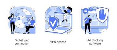 Ağ erişimi soyut konsept vektör çizimi seti. Global web bağlantısı, VPN erişimi, Ad engelleme yazılımı, uzak vekil sunucu, web tarayıcısı, bilişim teknolojisi, eklenti uzantısı soyut metaforu.