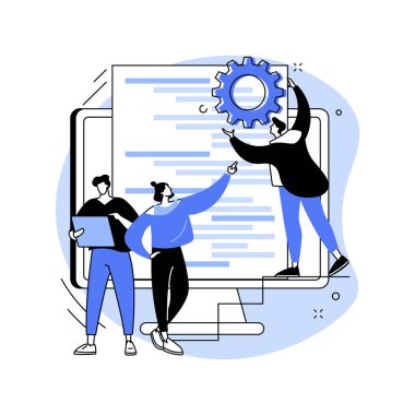 Yazılım geliştirme ekibi soyut konsept vektör çizimi. Uzaktan takım çalışması, talep üzerine dijital takım, profesyonel, sertifikalı yazılım geliştiricisi, dış kaynak şirketi soyut metaforu işe al.