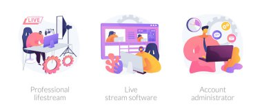 Yayın hizmeti soyut konsept vektör illüstrasyon seti. Profesyonel yaşam alanı yazılımı, hesap yöneticisi işi, online olay akışı yöneticisi, üretim monetizasyonu soyut metaforu.