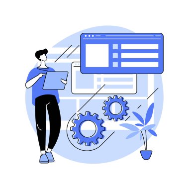 Web sitesi bakım soyut konsept vektör çizimi. Web sitesi servisi, web sayfası seo bakım, web tasarımı, şirket sitesi profesyonel destek, güvenlik analizi, soyut metaforu güncelle.