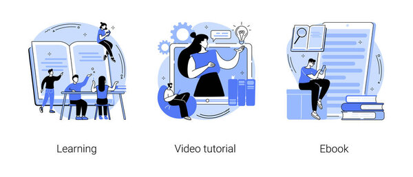 Образование и обучение абстрактные концепции векторные иллюстрации набор. Обучение, видеоуроки, чтение электронных книг, школьная библиотека, онлайн-курсы, домашняя работа студента, память и знания, метафора.