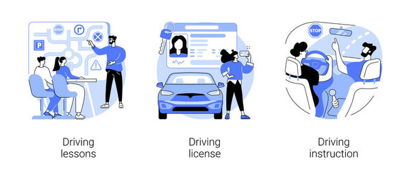 Driving school abstract concept vector illustration set. Driving lessons and instruction, driving license, passing test, ID card, international permit, exam preparation, certificate abstract metaphor.