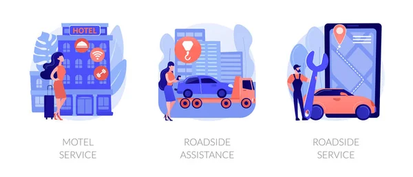 stock vector Roadside business abstract concept vector illustration set. Motel service, roadside service and assistance, drive inn, car repair, 24 hour help, truck breakdown, flat tire abstract metaphor.