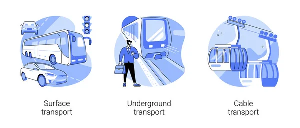 Public transport abstract concept vector illustration set. Surface, underground and cable transport, road and highway, trolleybus, bus stop, subway train station, passenger traffic abstract metaphor. — Stock Illustration Public Transport Abstract Concept Vector Illustration Set Surface Underground Cable Royalty Free Stock Vectors