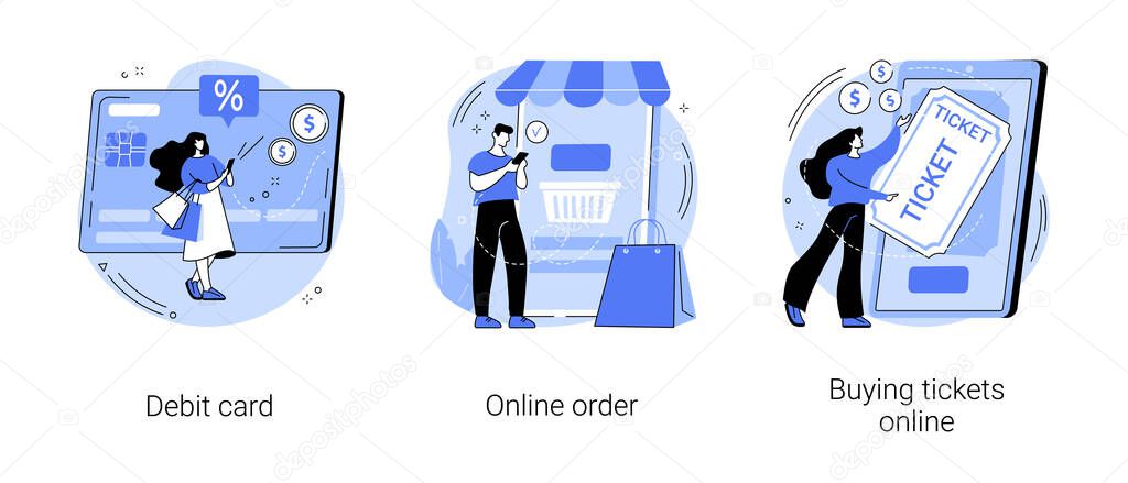 Online payment abstract concept vector illustration set. Debit card, online order, buying tickets, plastic money, buying goods on internet, e-commerce shopping, booking mobile app abstract metaphor.